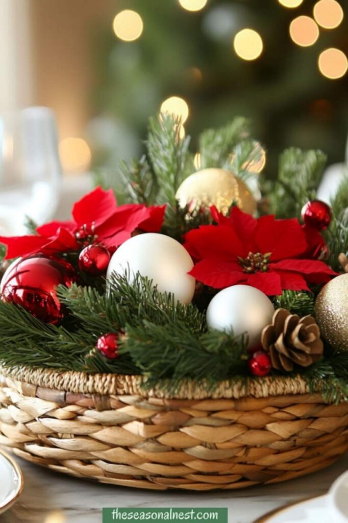 Rustic farmhouse Christmas table centerpiece with greenery, red and gold baubles, pinecones, and poinsettias.