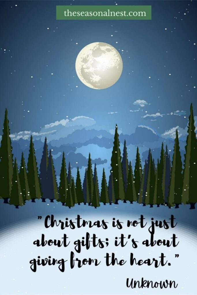 A blue festive card with green pine trees and a beautiful Christmas quote.