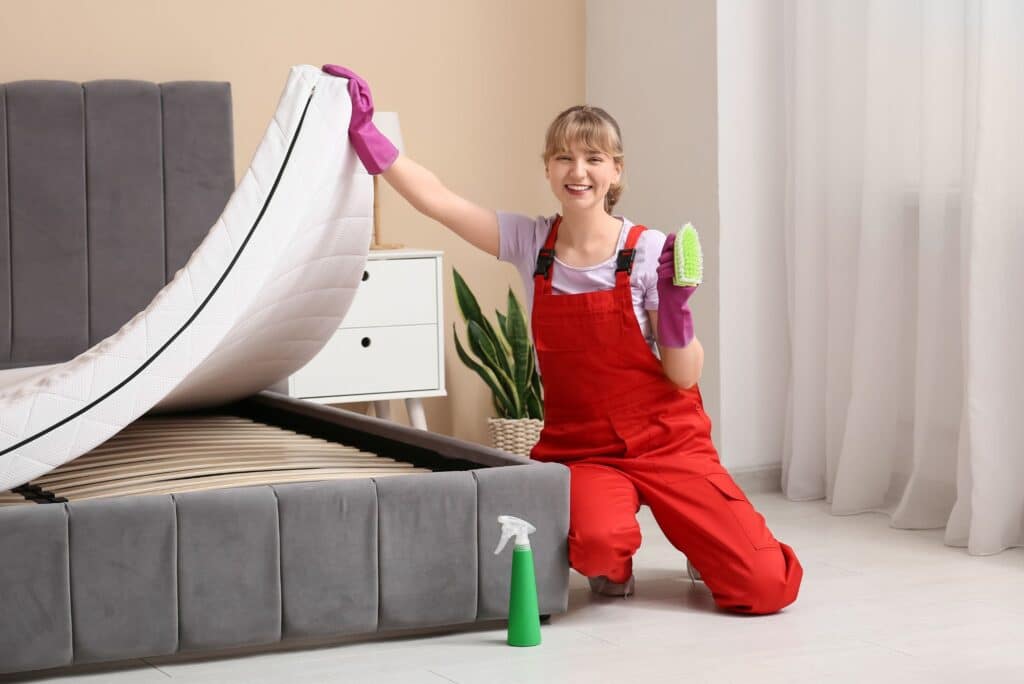 A woman with a brush cleaning underneath the mattress.