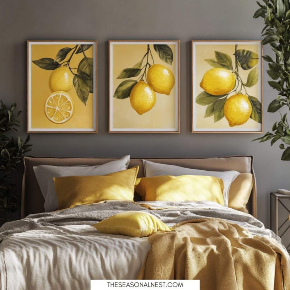 Bedroom with lemon wall art above the bed and yellow pillows on a warm-toned blanket.

