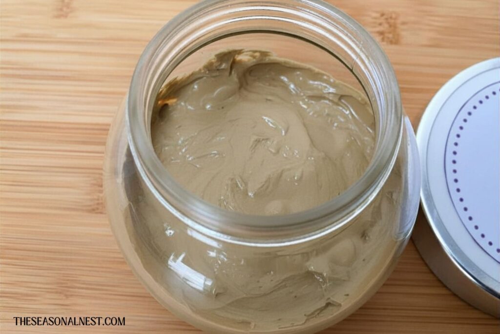 Homemade bentonite clay mask in a jar.