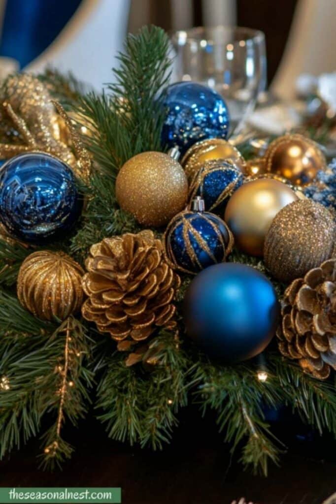 Blue and gold Christmas table centerpiece with glittery ornaments and pinecones.
