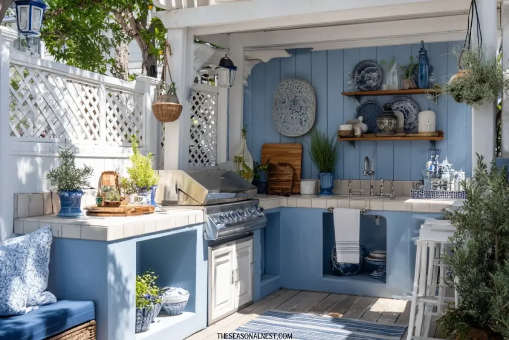 blue coastal outdoor kitchen small space