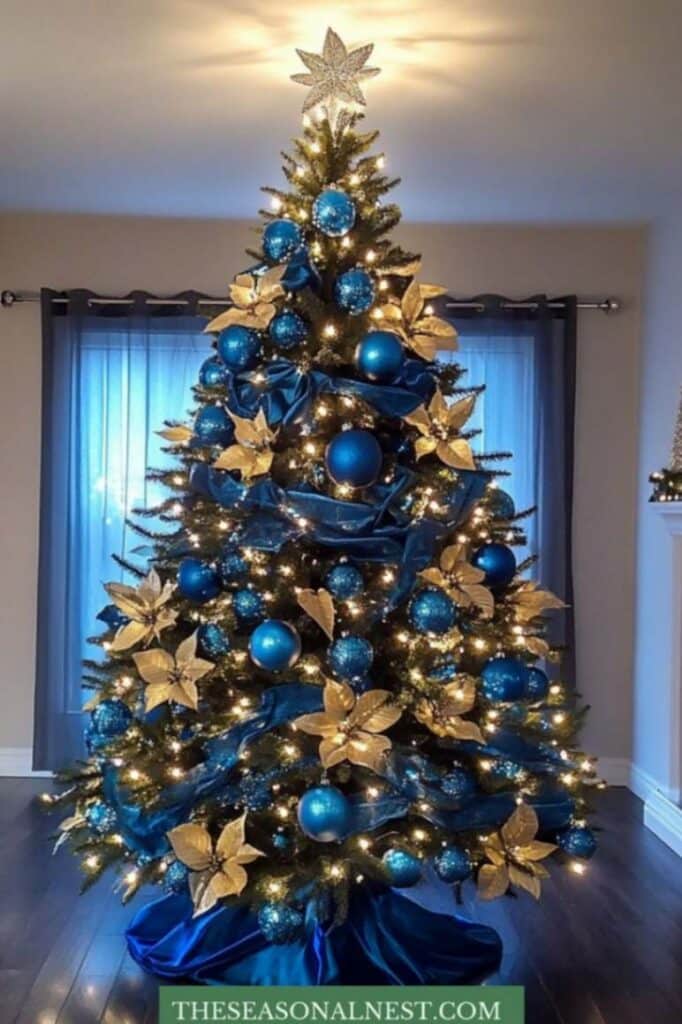 blue gold christmas tree decor