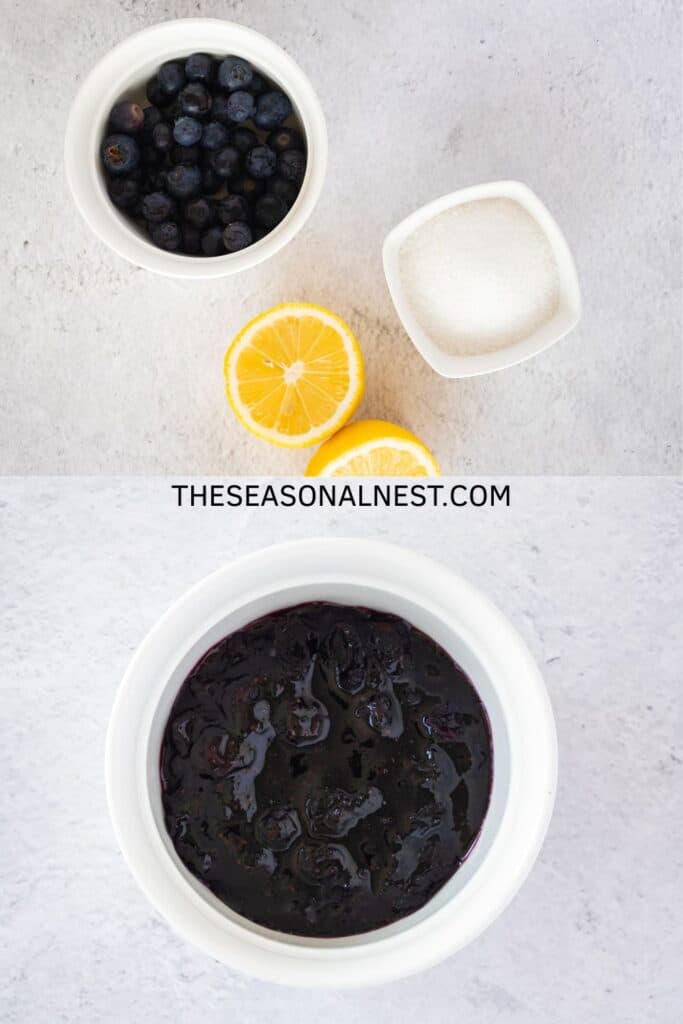 Fresh blueberries, lemon, and sugar ingredients with a bowl of thick homemade blueberry sauce.
