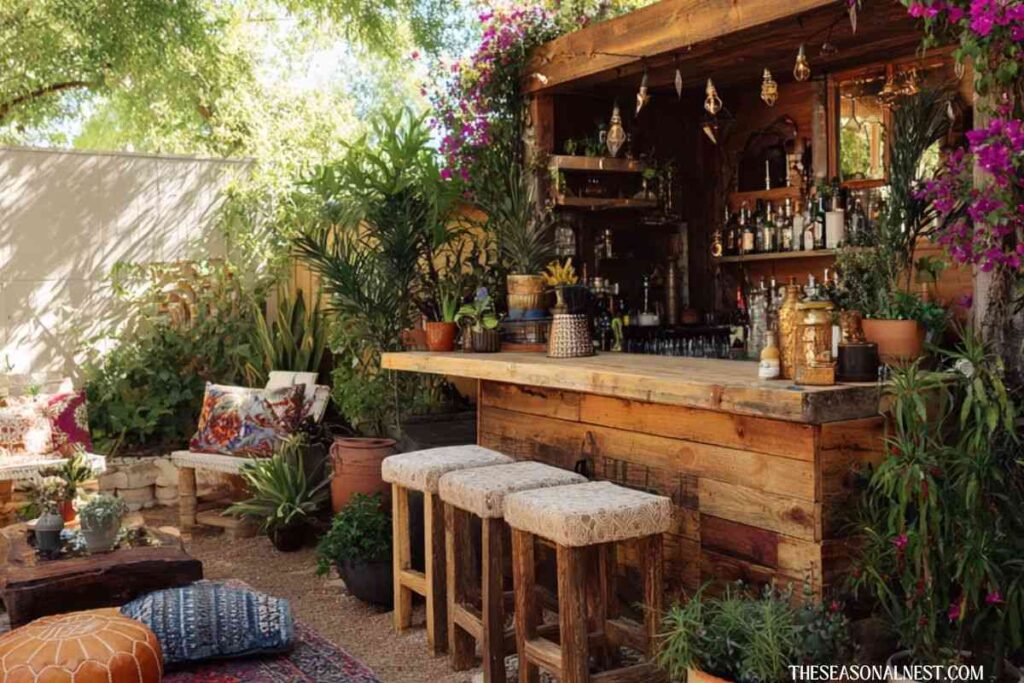 Boho backyard bar with wooden counter, stools, plants, and relaxed outdoor seating area.
