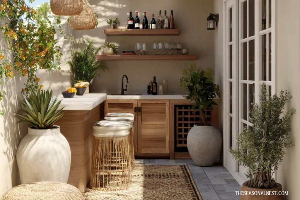 A small outdoor space with wood cabinets and woven stools