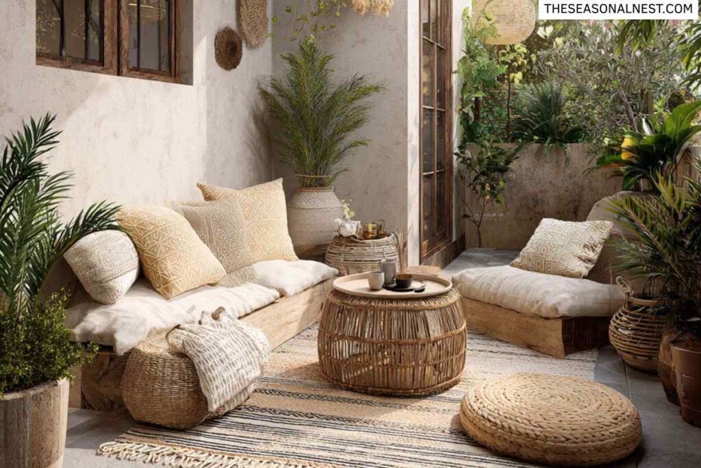 Cozy boho patio with floor cushions, woven coffee table, plants and neutral outdoor decor.