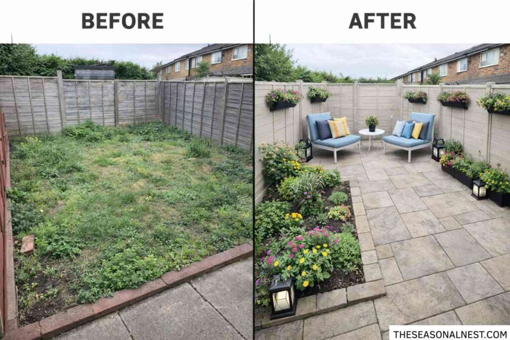 Before and after small backyard makeover showing a messy lawn turned into a paved patio with two outdoor chairs, a small table, flower beds, and hanging planters.
