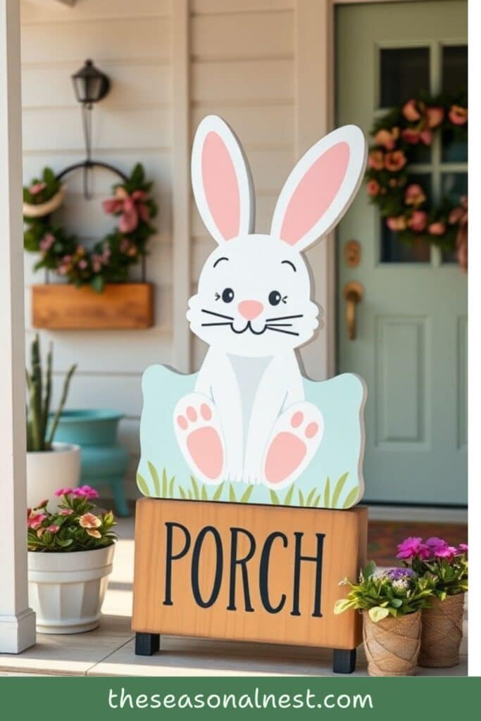 Cartoon-style Easter bunny porch sign with pink ears and the word “PORCH” on a wooden base, surrounded by potted flowers.