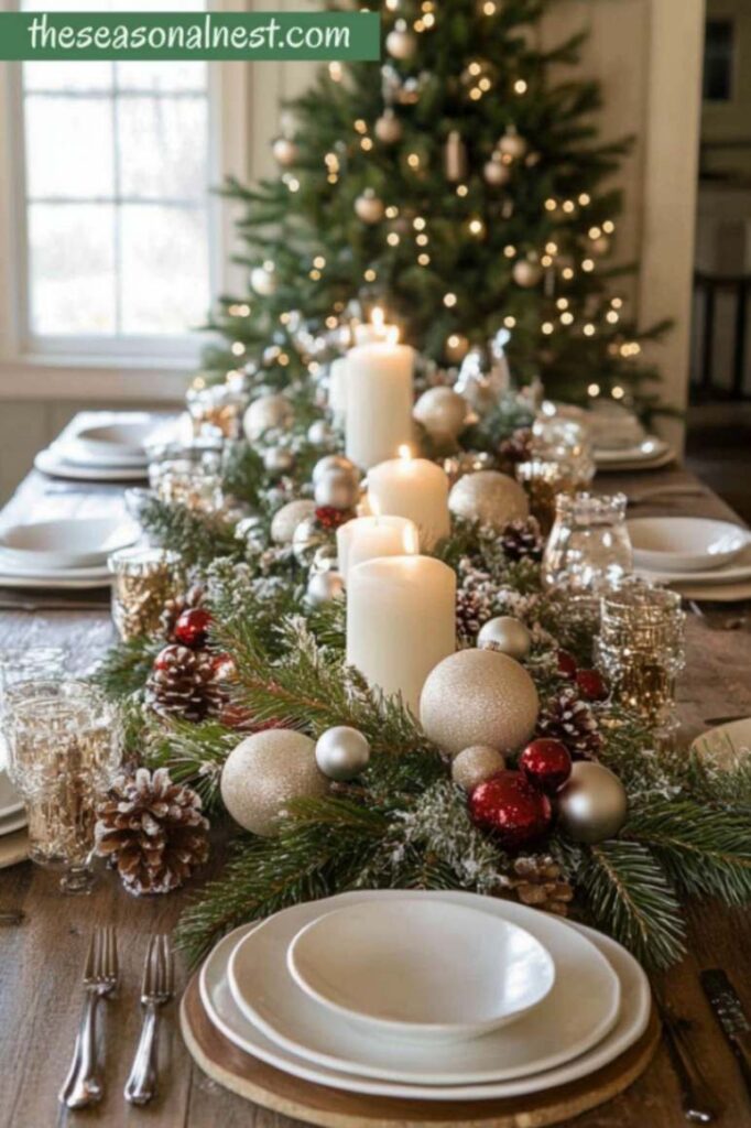 Traditional Christmas table centerpiece with greenery, red baubles, and white candles.