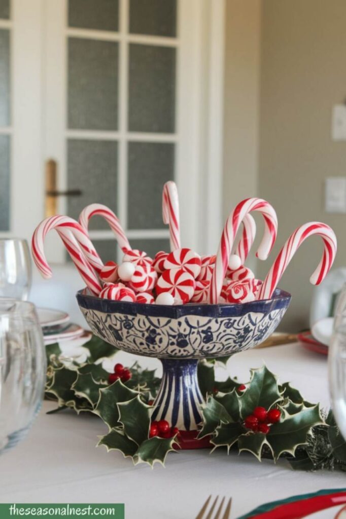 Festive candy cane Christmas centerpiece with peppermint candies and holly leaves.