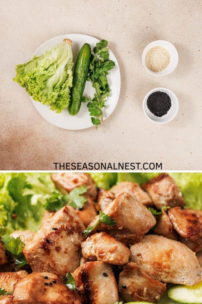 Close up of lemongrass chicken pieces and salad.