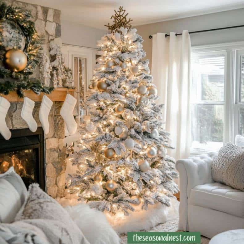 Flocked Christmas tree with gold ornaments and festive living room decor.