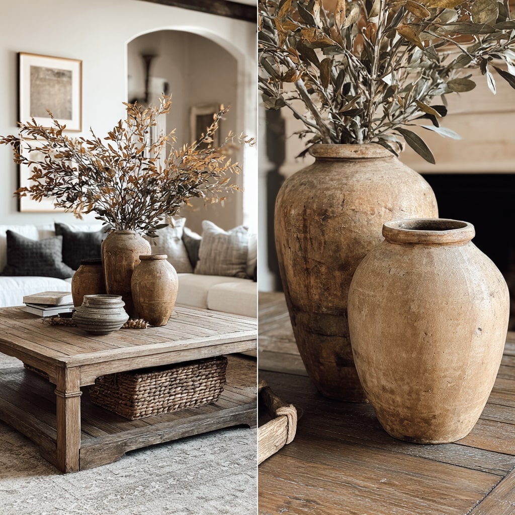 Rustic farmhouse living room styled with large clay vases, dried branches, weathered wood coffee table, and layered earthy decor accents.