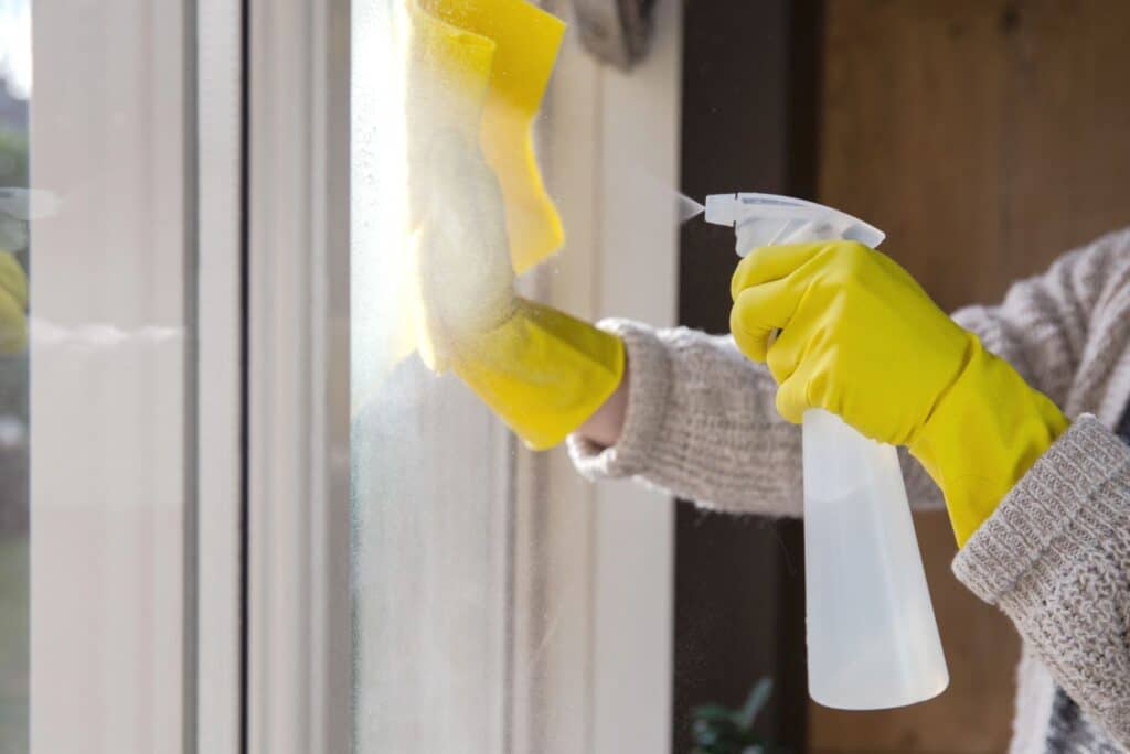 Person wearing yellow gloves spraying and wiping a window with a cloth during spring cleaning.