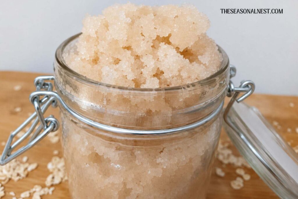 Oatmeal scrub in an open container.