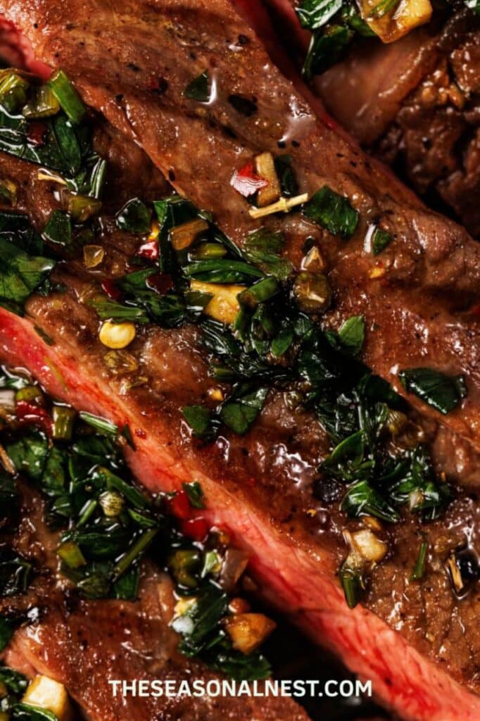 closeup chimichurri steak