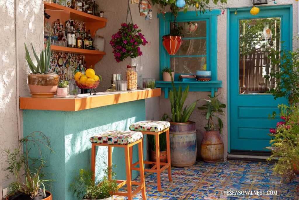 A colorful outdoor bar with orange counter and turquoise wall.