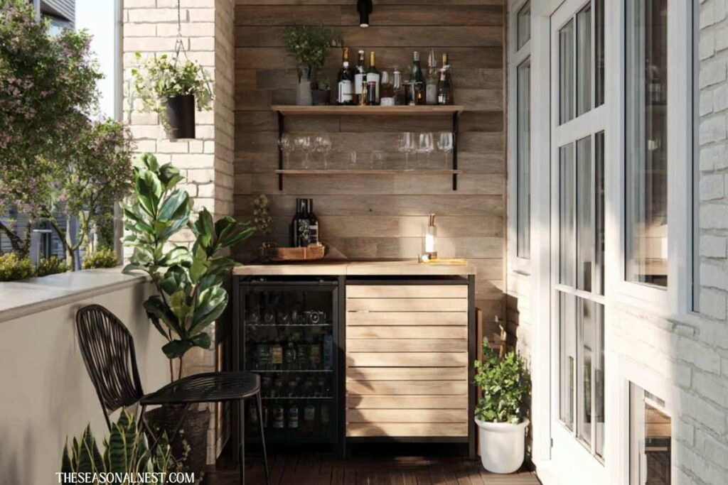 Compact outdoor bar setup with wooden cabinet, mini fridge, shelves, bottles, and plants on a small patio.