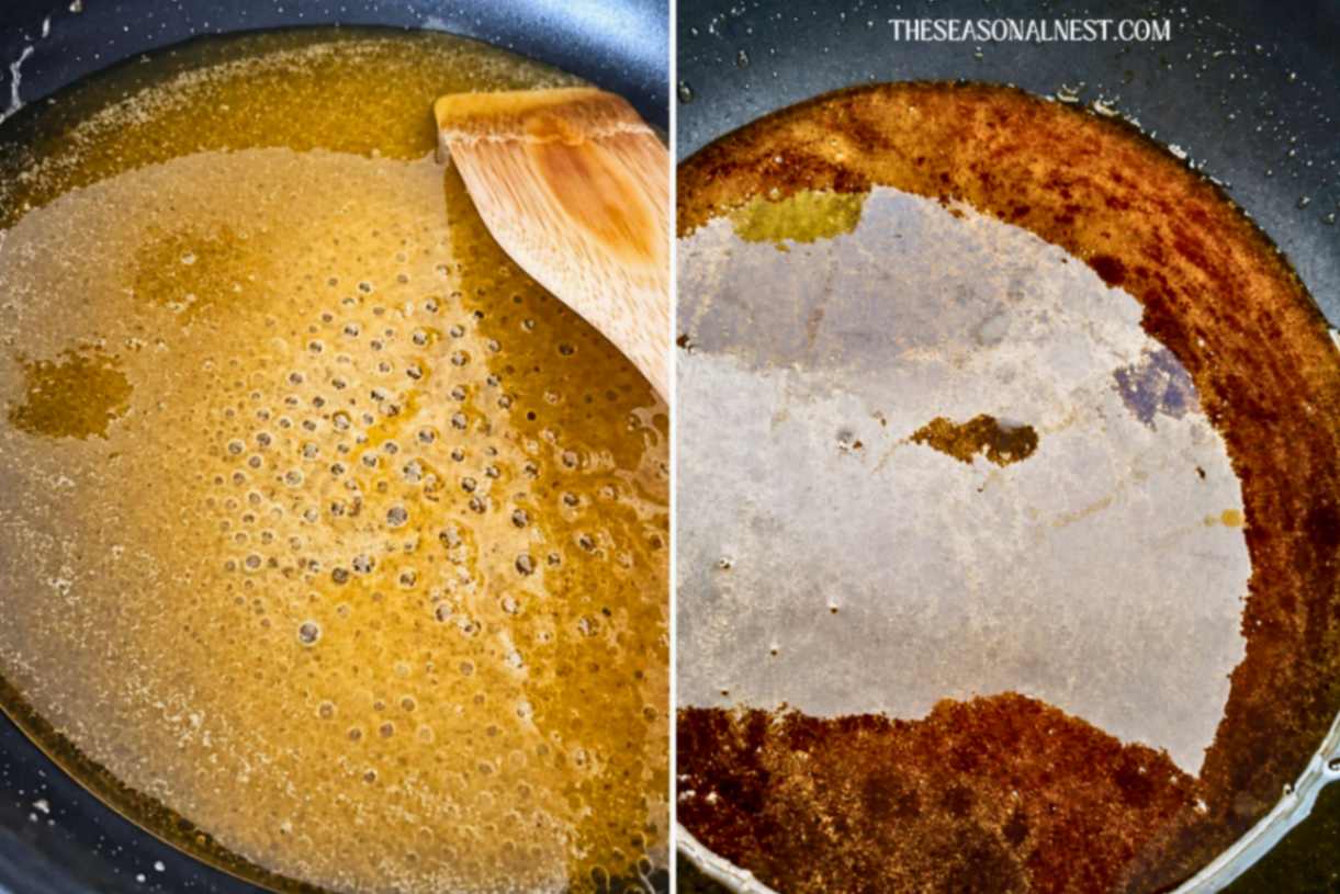 Cooking and stirring sugar wax with a wooden spoon.