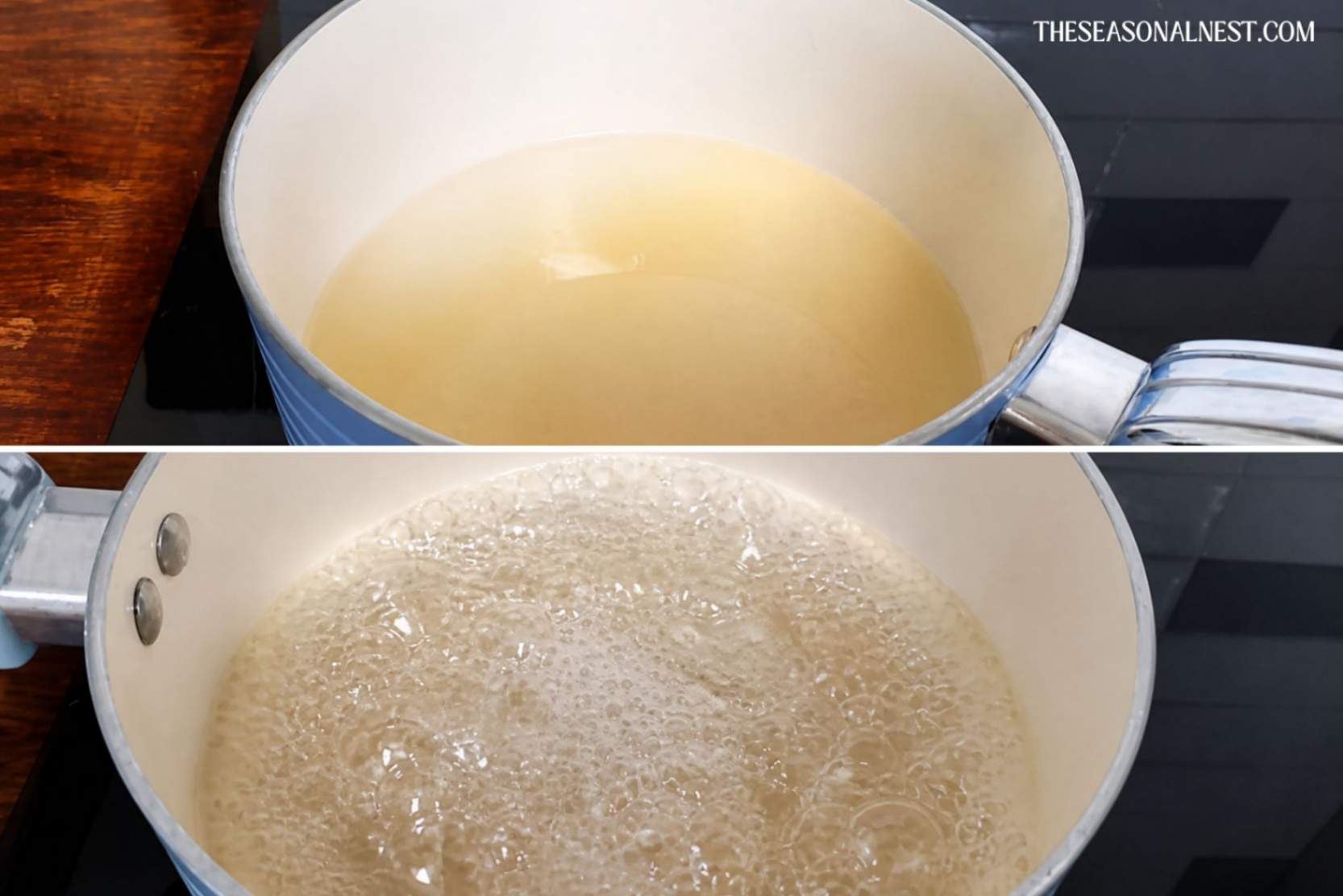 Sugar, lime juice, and water in a saucepan.