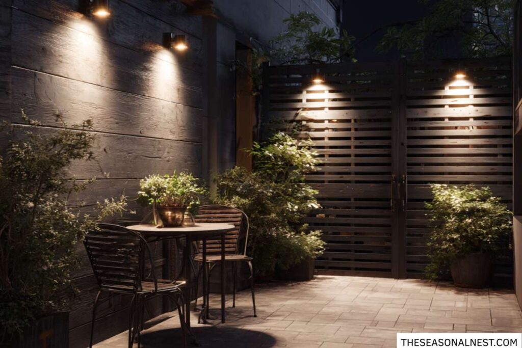 Small patio at night with wall lights, plants, and a small outdoor table creating a cozy backyard seating area.