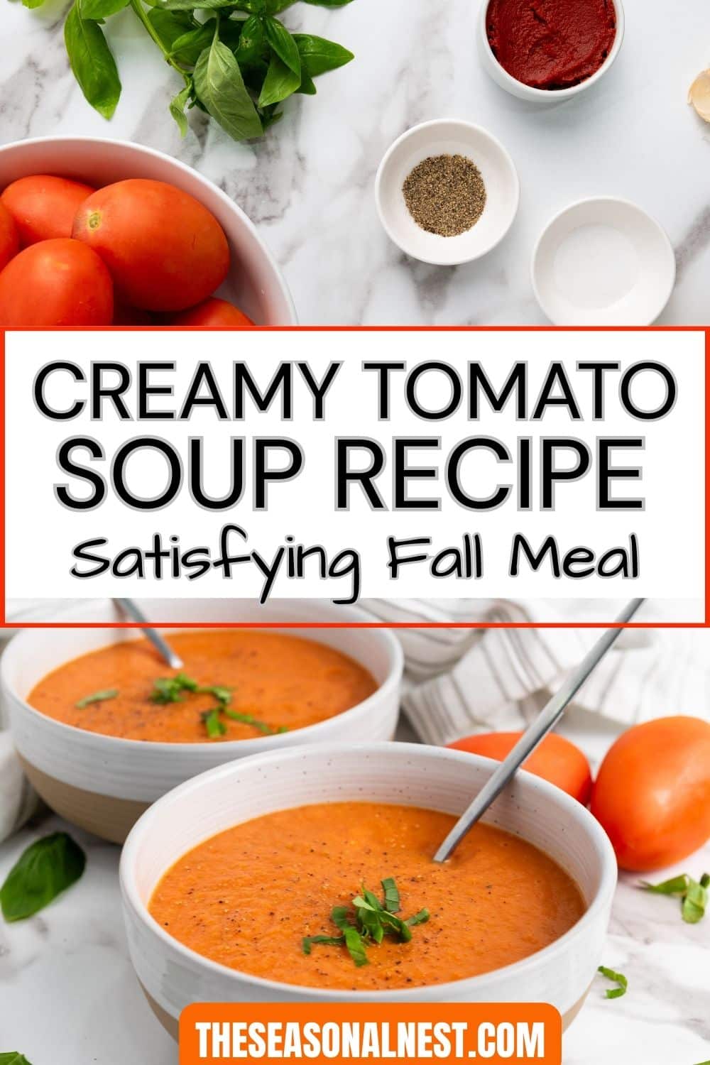 Bowl with tomatoes and roasted tomato soup with basil in bowls