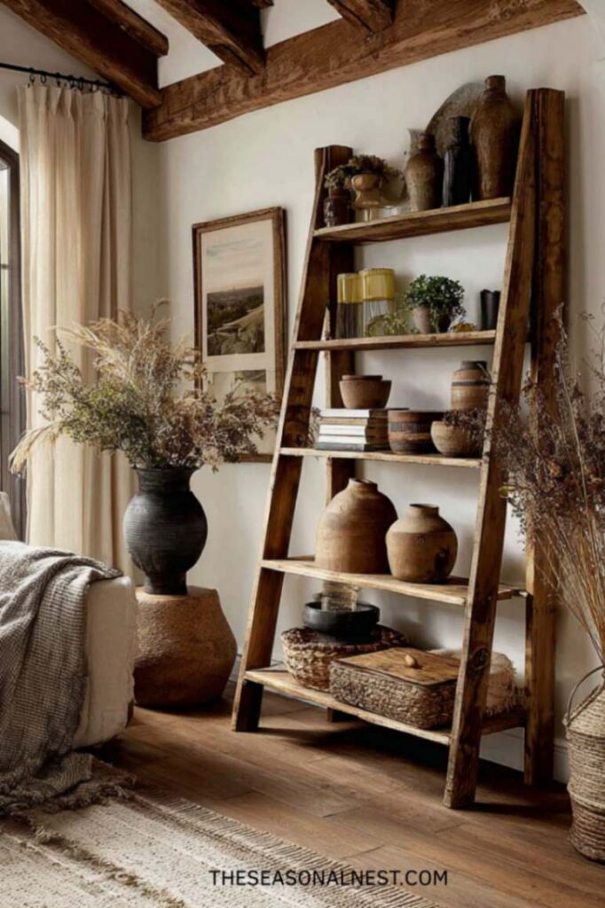 Warm rustic farmhouse living room featuring a wooden ladder shelf styled with clay pots, woven baskets, dried stems, and natural decor accents.