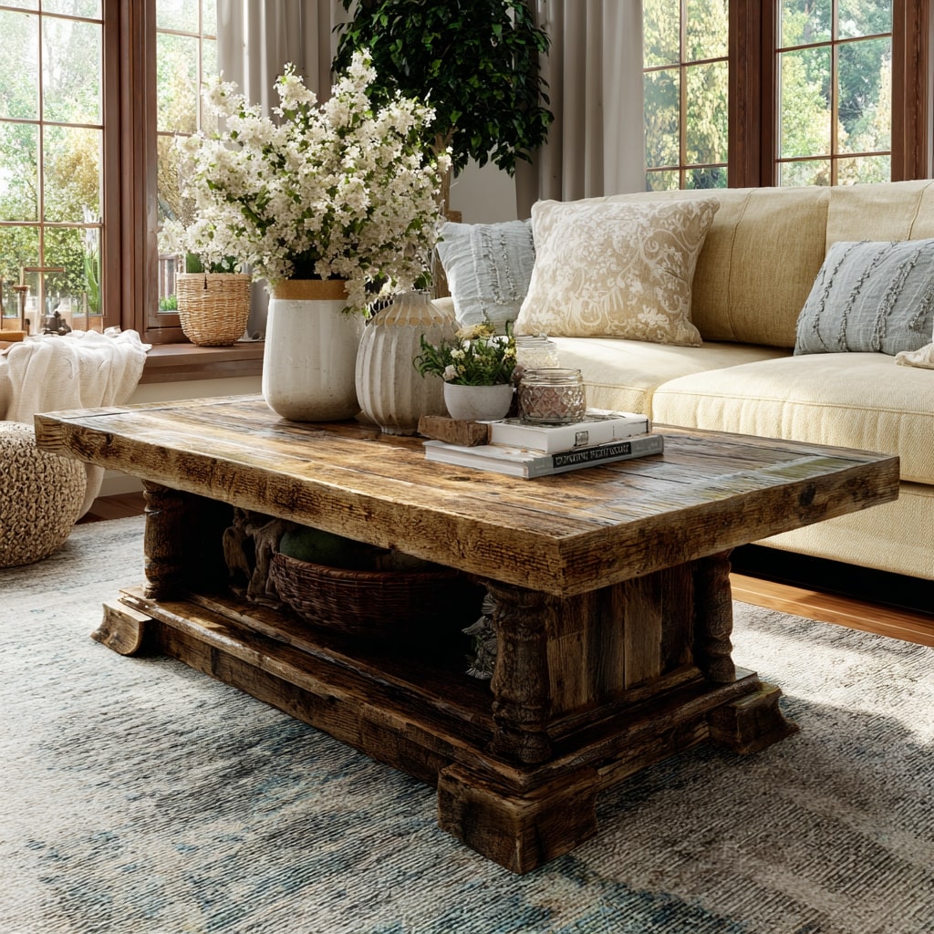 Cozy earthy farmhouse living room with distressed wood trunk coffee table, neutral sofa, paneled walls, and soft autumn inspired decor accents.