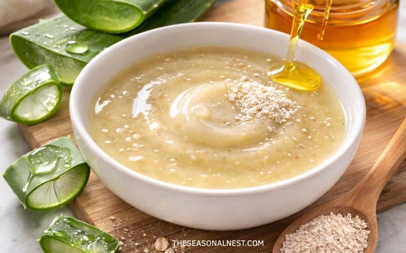Fresh aloe vera leaf, a jar of honey,  and a spoon with oats. Oatmeal mixture on a bowl over a wooden surface for a natural DIY face mask recipe.