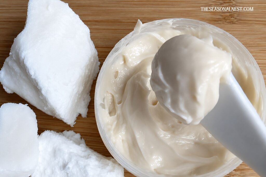 Homemade anti aging face cream with Shea butter in a container with a close-up spatula.