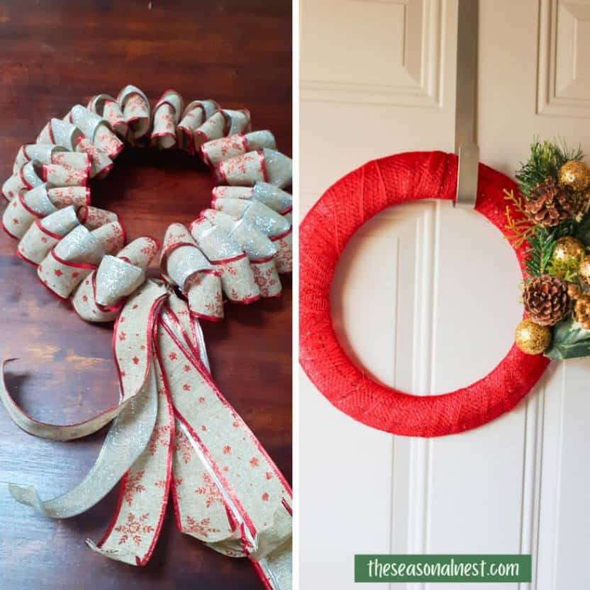 DIY Christmas wreaths made with burlap ribbon and yarn.