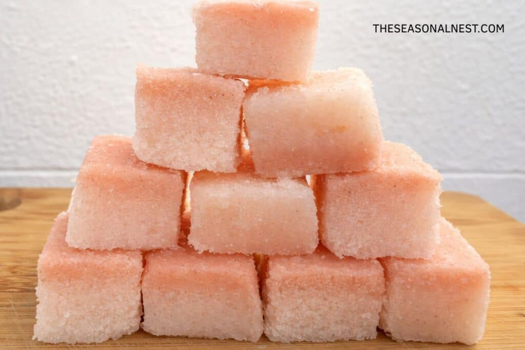 Close-up view of coconut oil sugar scrub cubes