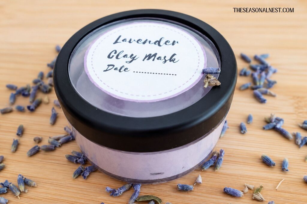 Labelled lavender clay mask in a container.