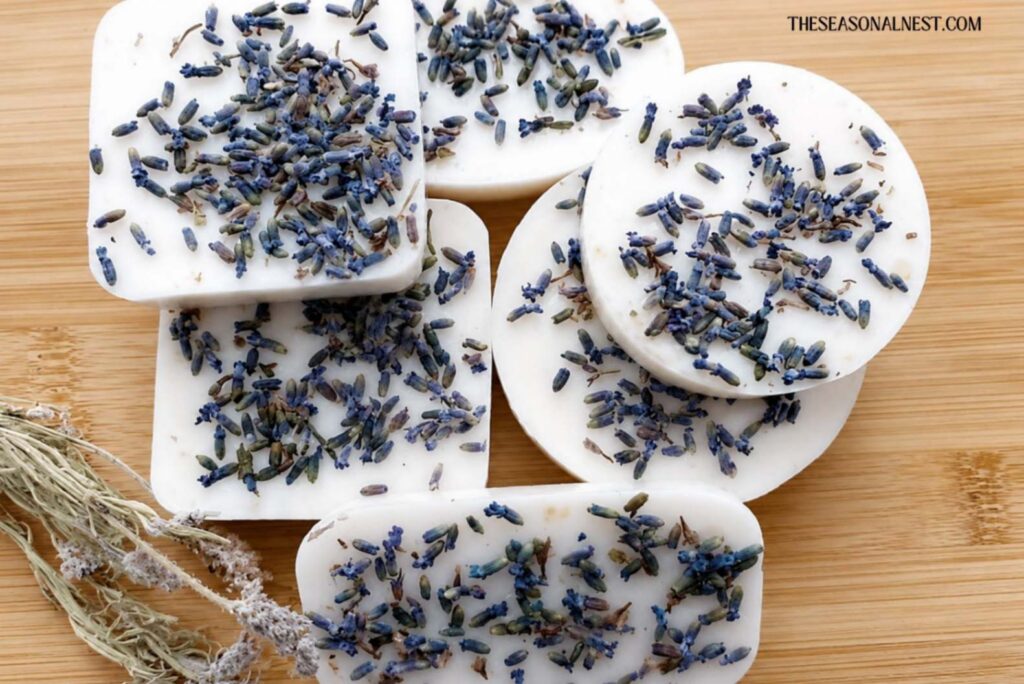 6 Lavender soap bars and lavender sprigs on a wooden surface.