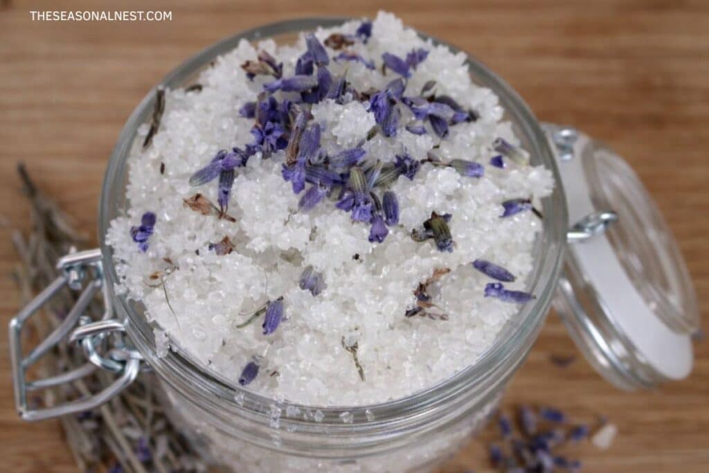 DIY lavender vanilla sugar scrub in an open jar.