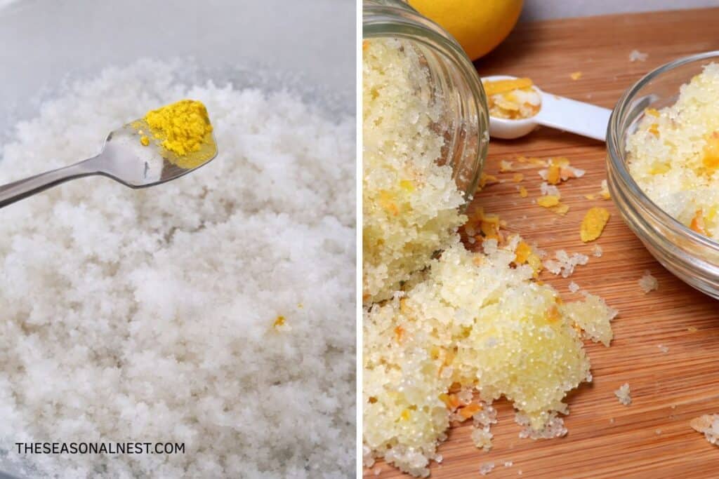 Adding yellow mica powder to the scrub mixture.