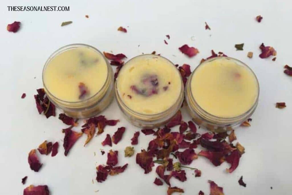 Diy lip balm with beeswax and rose petals