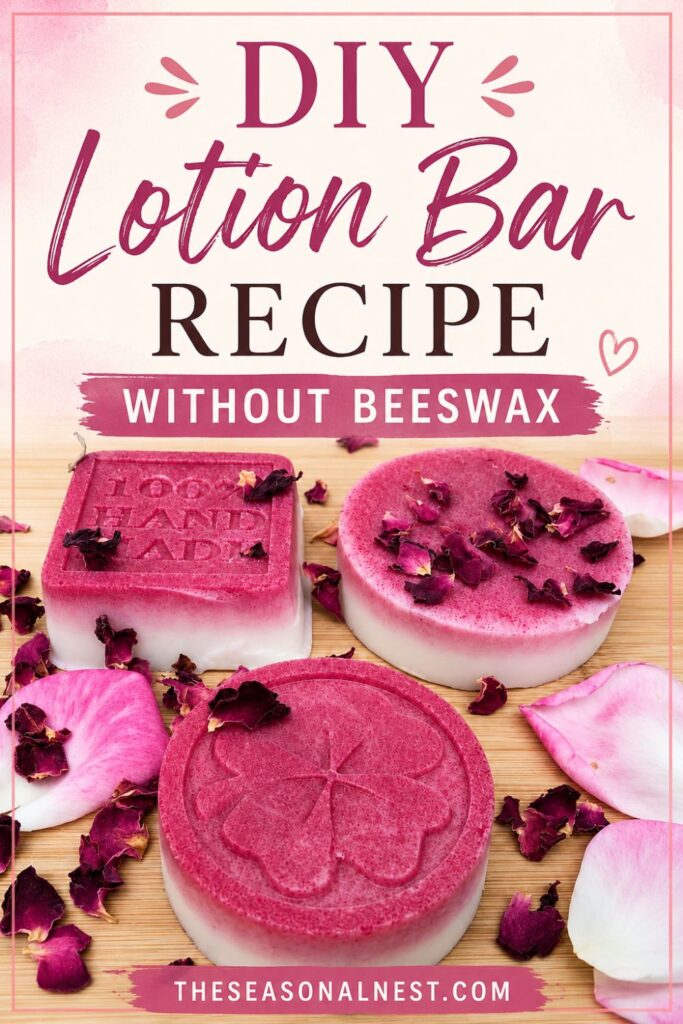 Pink and white homemade lotion bars with dried rose petals on a wooden background. Pinterest pin text reads “DIY Lotion Bar Recipe Without Beeswax” with theseasonalnest.com.