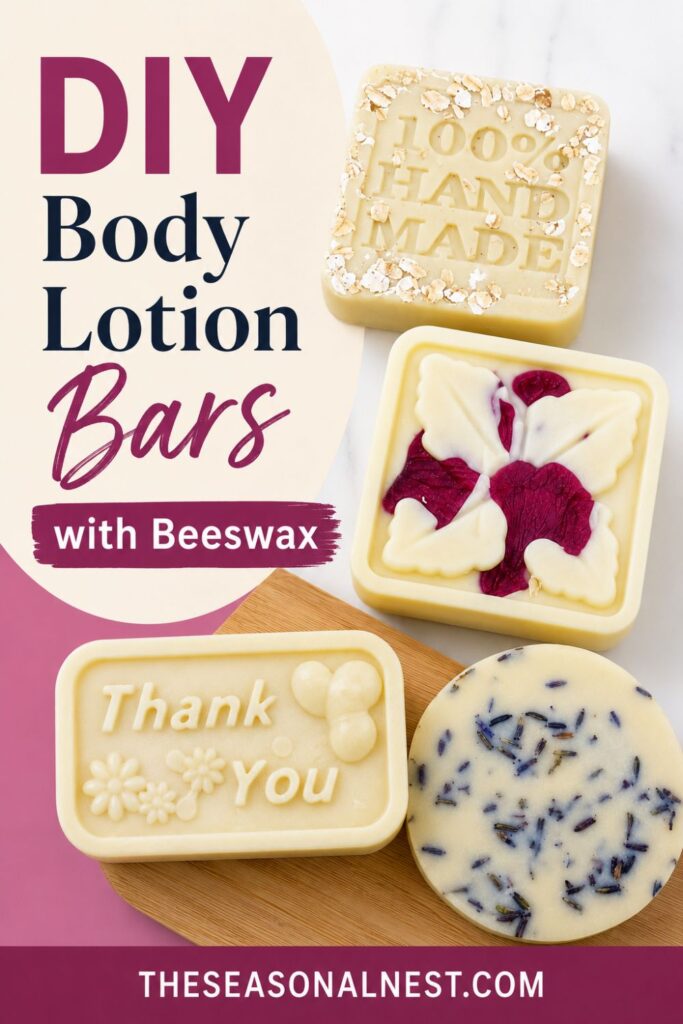 DIY body lotion bars with beeswax Pinterest pin featuring handmade lotion bars on a wooden board with pink and cream text overlay, and theseasonalnest.com.