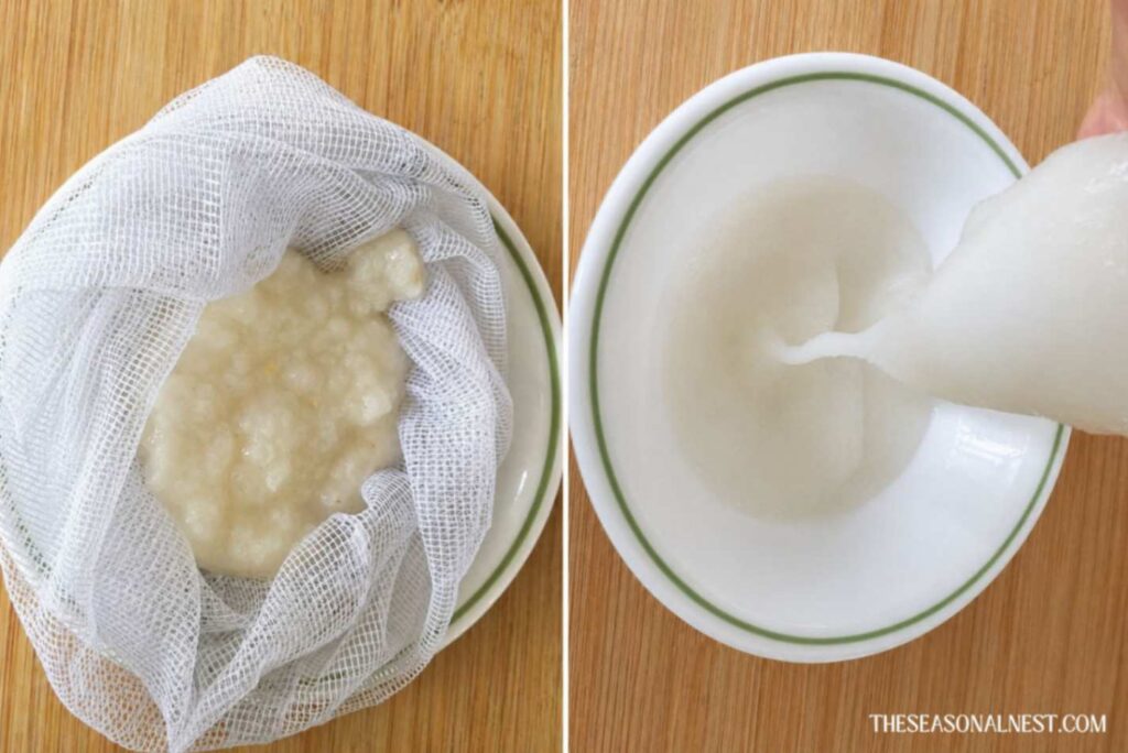 Cooked rice in a small net and squeezing it to get a gel-like liquid.