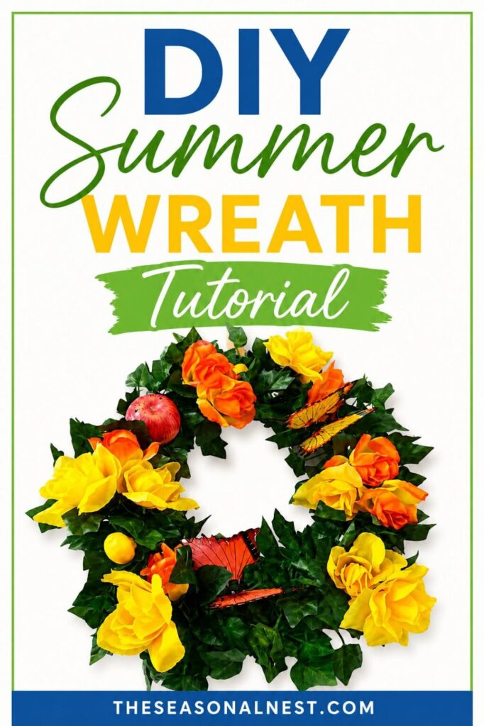DIY Summer wreath tutorial with colorful flowers, butterflies, apples and lemons