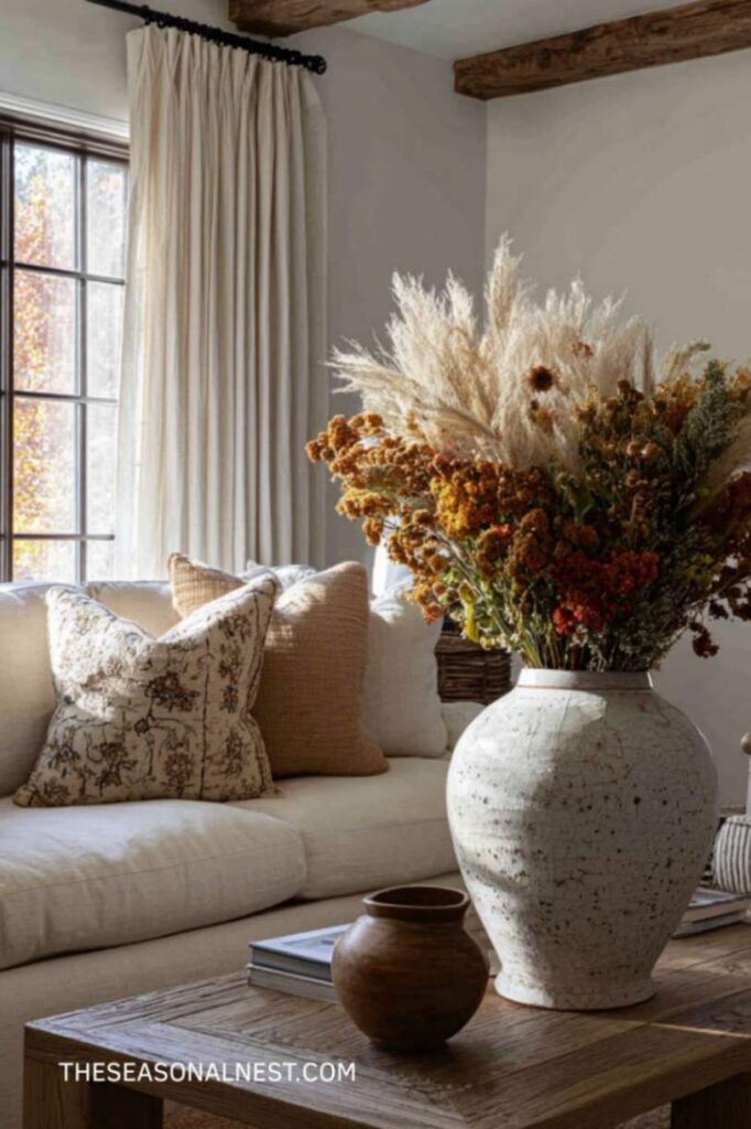 Earthy farmhouse living room with cream sofa, textured neutral pillows, large ceramic vase filled with dried flowers, wood beams, and soft natural light.