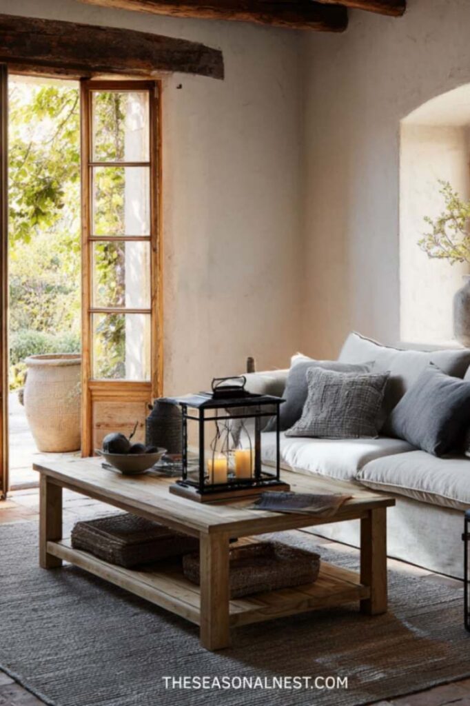 Cozy earthy farmhouse living room with light linen sofa, wood coffee table, black lantern candles, exposed wood beams, and open French doors.