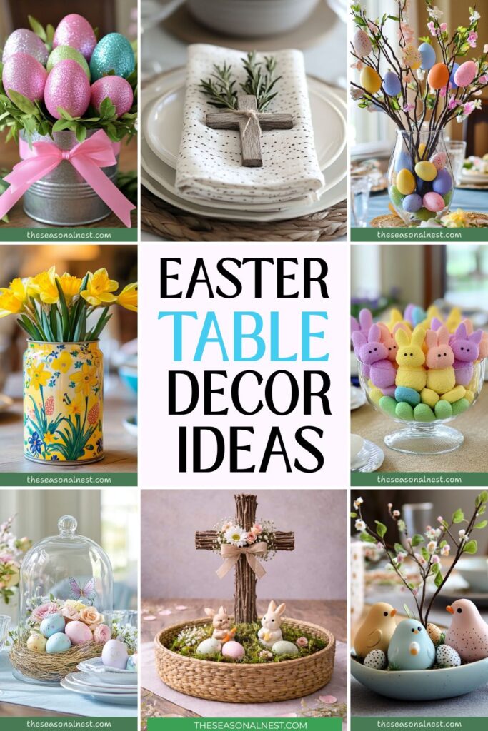 Collage of Easter table decor ideas featuring pastel egg arrangements, floral center displays, bunny decorations, spring flowers, and rustic cross accents styled for a festive holiday table.