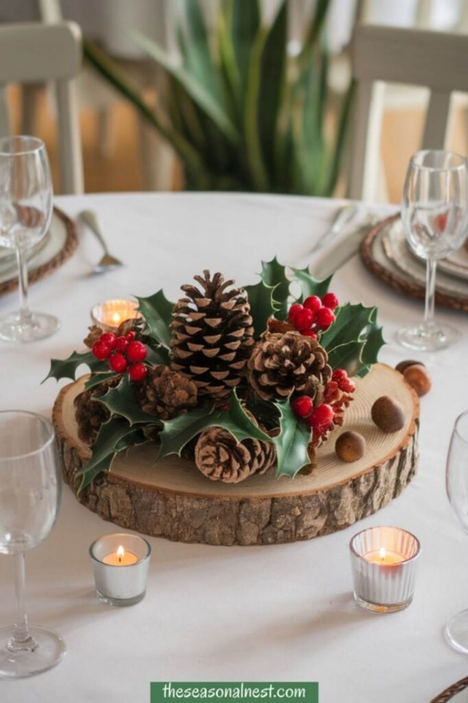 Rustic Christmas table centerpiece with pinecones, holly, and berries on a wood slice.