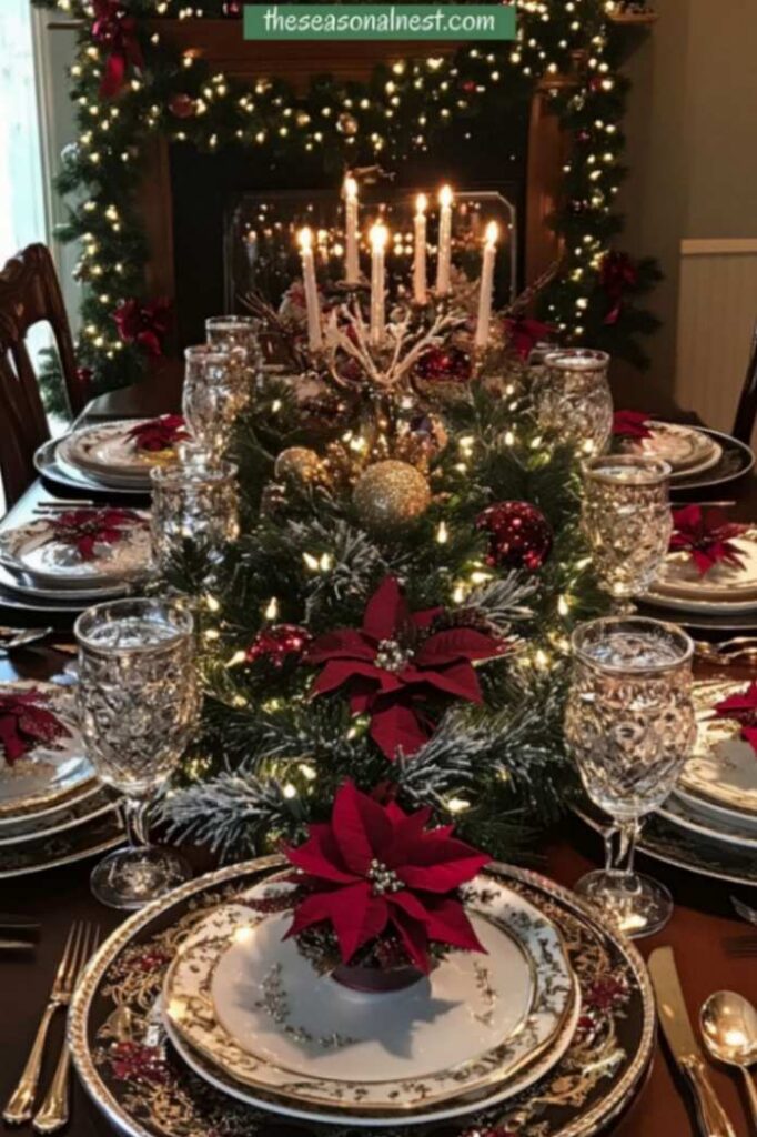 Traditional Christmas table centerpiece with poinsettias, garlands, and sparkling ornaments.