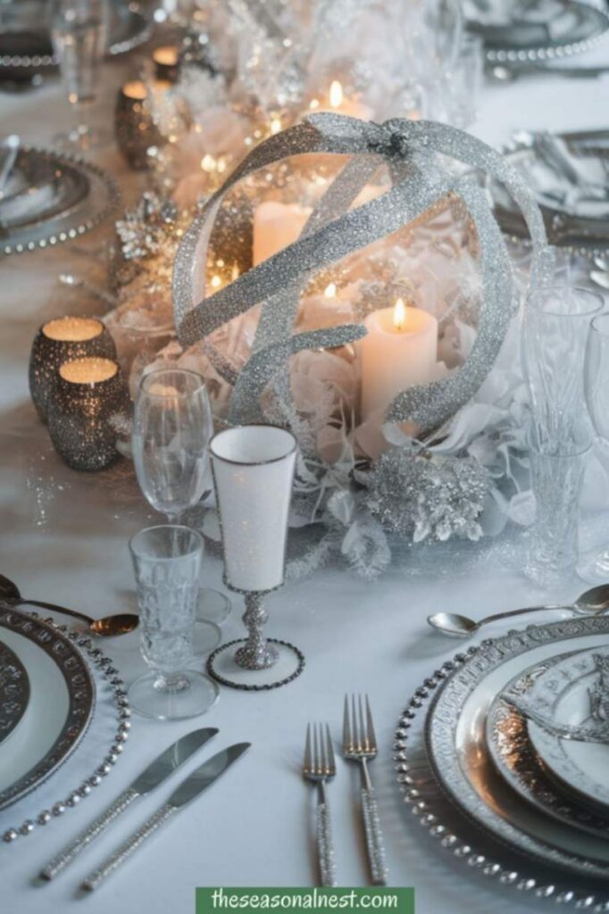 Silver Christmas table centerpiece with candles, glittery ribbons, and ornaments.