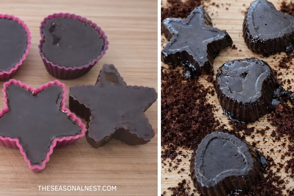 DIY coffee body scrub bars in silicone molds with rich dark texture on wooden surface.